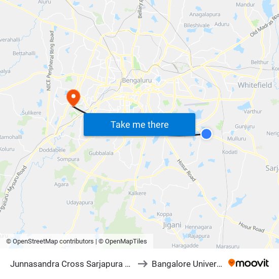 Junnasandra Cross Sarjapura Road to Bangalore University map