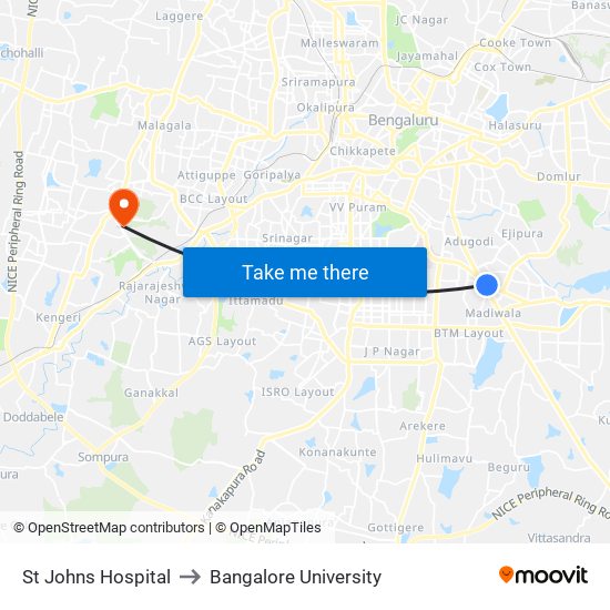 St Johns Hospital to Bangalore University map