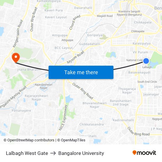 Lalbagh West Gate to Bangalore University map