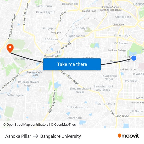 Ashoka Pillar to Bangalore University map