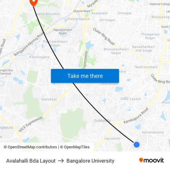 Avalahalli Bda Layout to Bangalore University map