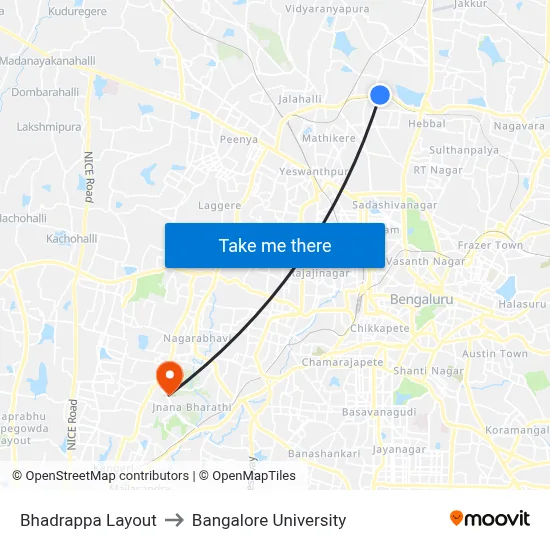 Bhadrappa Layout to Bangalore University map