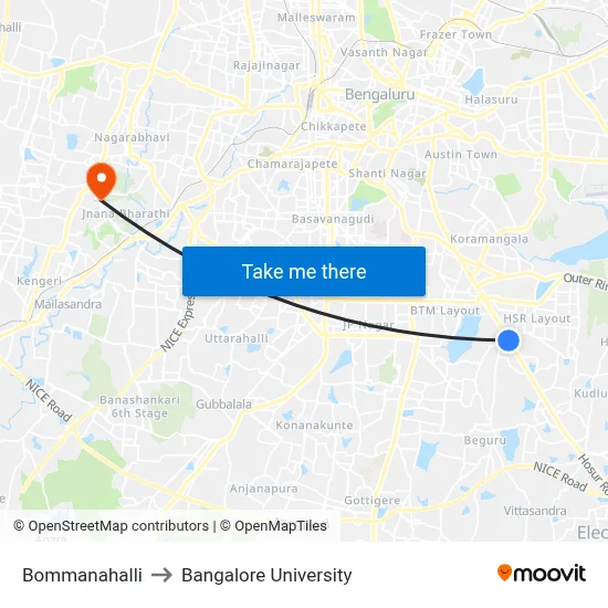 Bommanahalli to Bangalore University map