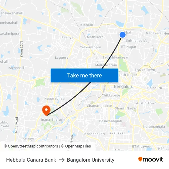 Hebbala Canara Bank to Bangalore University map