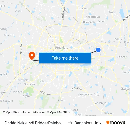 Dodda Nekkundi Bridge/Rainbow Hospital to Bangalore University map