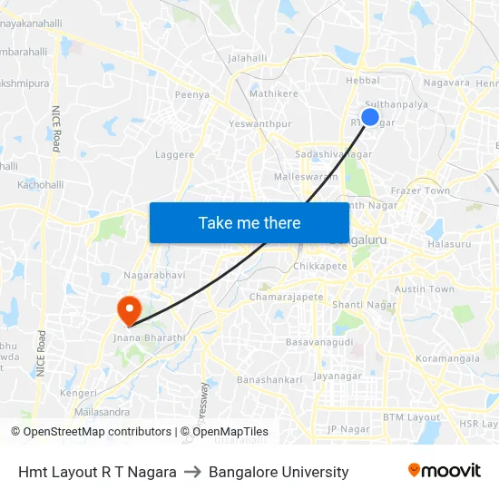 Hmt Layout R T Nagara to Bangalore University map