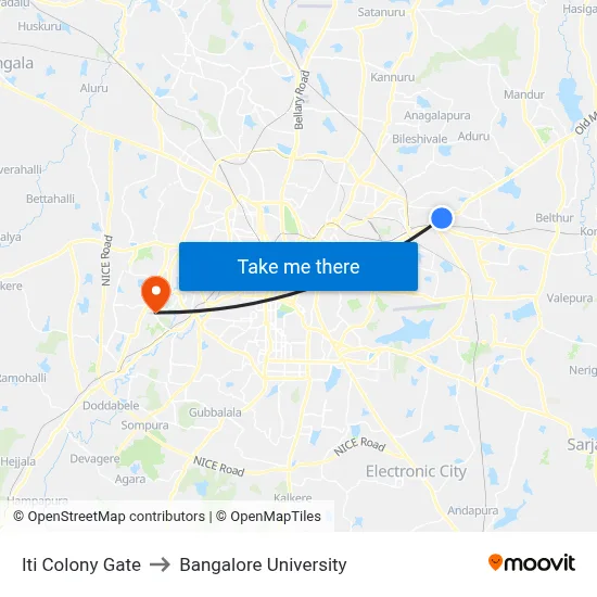 Iti Colony Gate to Bangalore University map