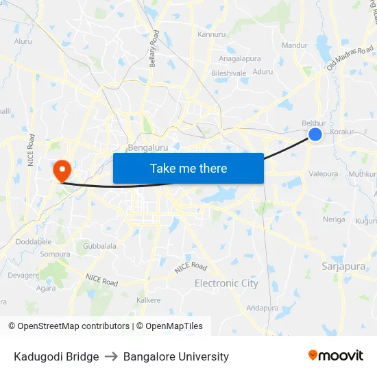 Kadugodi Bridge to Bangalore University map