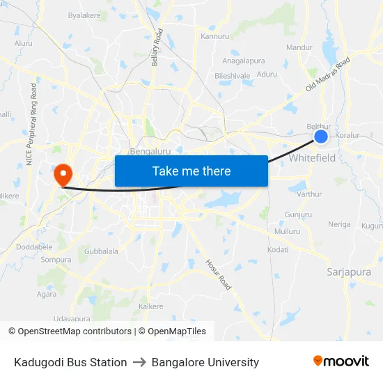 Kadugodi Bus Station to Bangalore University map