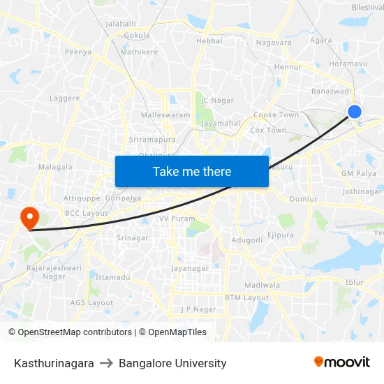 Kasthurinagara to Bangalore University map
