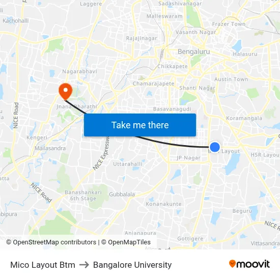 Mico Layout Btm to Bangalore University map
