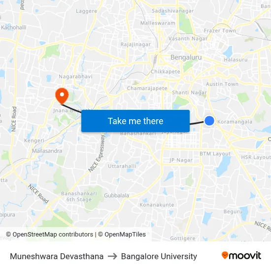 Muneshwara Devasthana to Bangalore University map