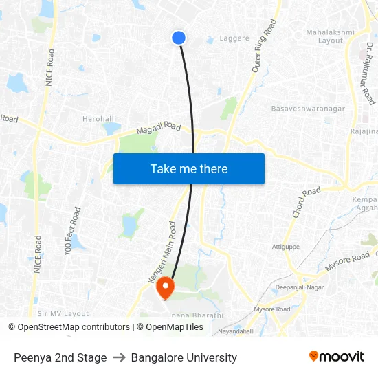 Peenya 2nd Stage to Bangalore University map