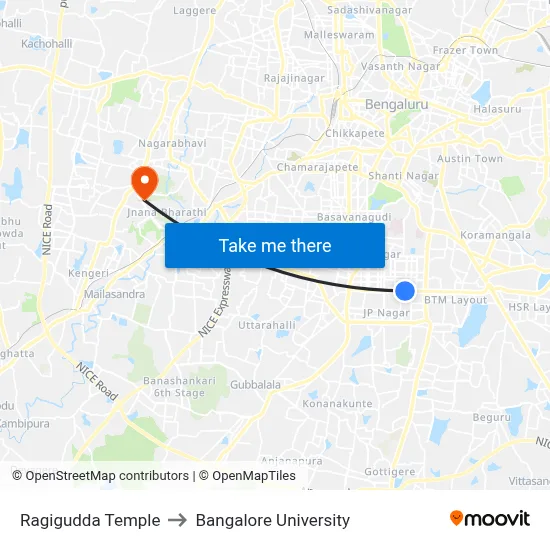 Ragigudda Temple to Bangalore University map