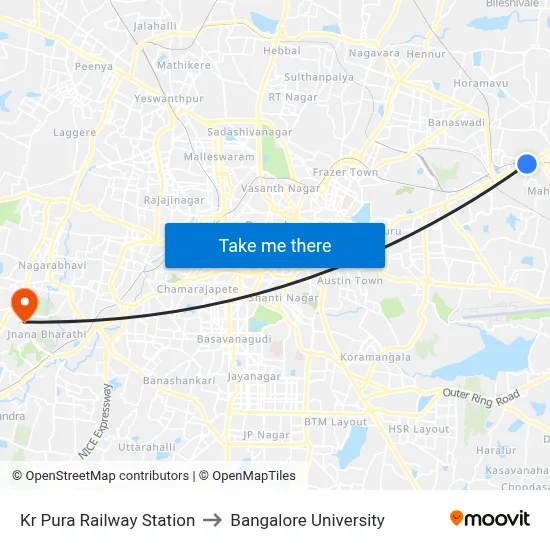 Kr Pura Railway Station to Bangalore University map