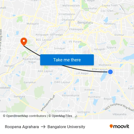 Roopena Agrahara to Bangalore University map