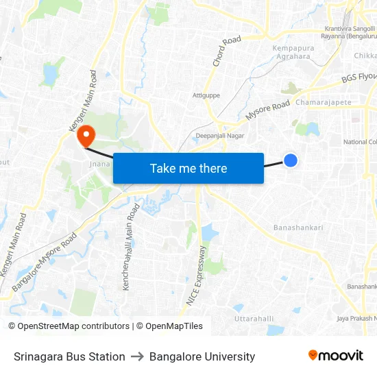 Srinagara Bus Station to Bangalore University map