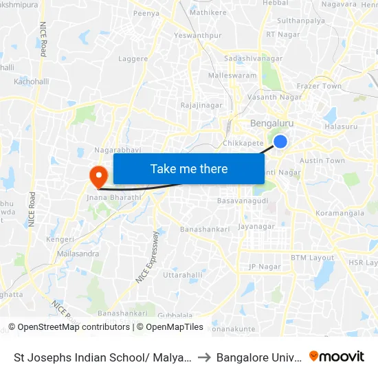 St Josephs Indian School/ Malya Hospital to Bangalore University map