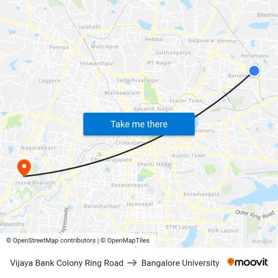 Vijaya Bank Colony Ring Road to Bangalore University map