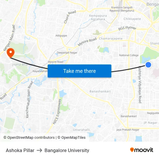 Ashoka Pillar to Bangalore University map