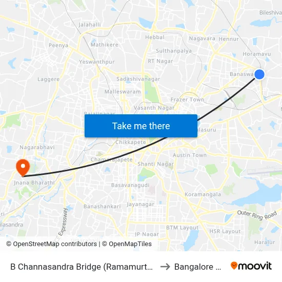 B Channasandra Bridge (Ramamurthy Nagara Ring Road) to Bangalore University map