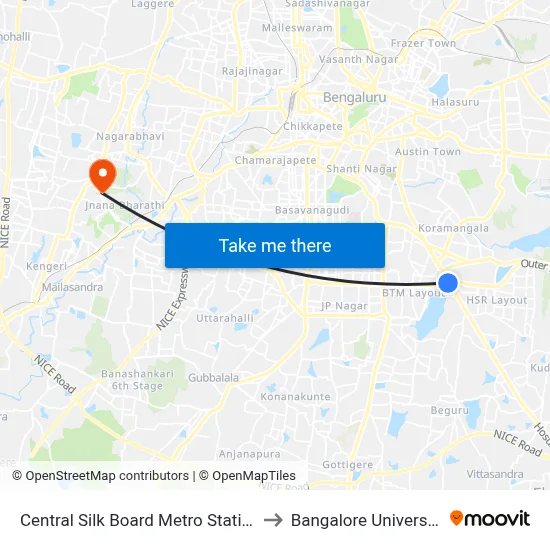 Central Silk Board Metro Station to Bangalore University map