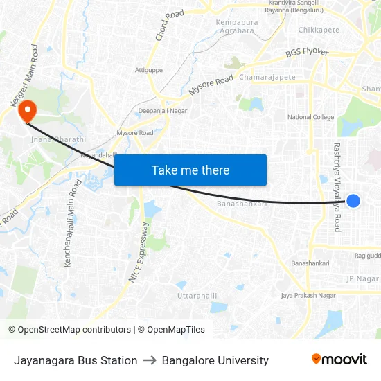 Jayanagara Bus Station to Bangalore University map