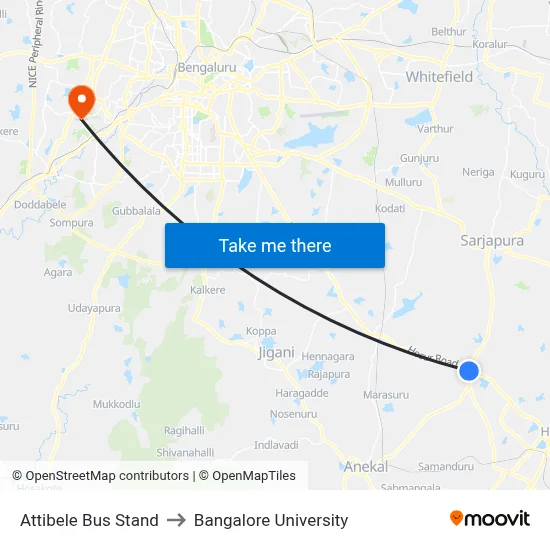 Attibele Bus Stand to Bangalore University map