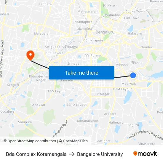 Bda Complex Koramangala to Bangalore University map