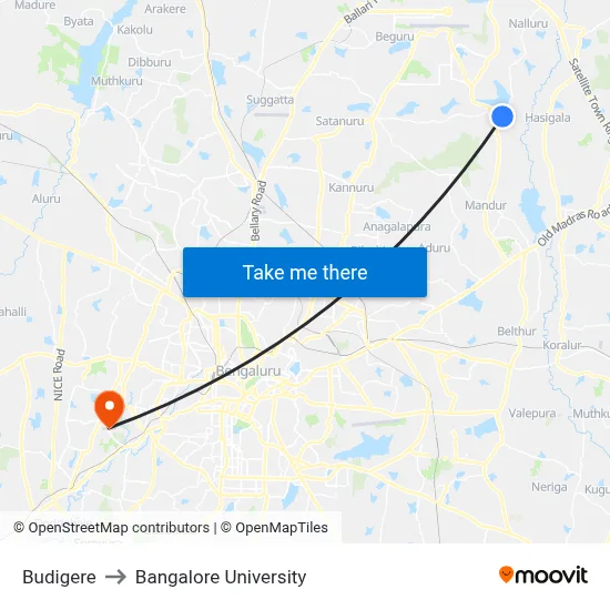 Budigere to Bangalore University map