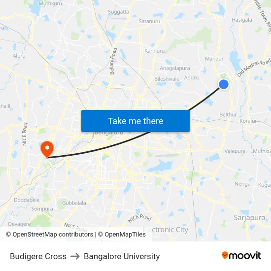 Budigere Cross to Bangalore University map