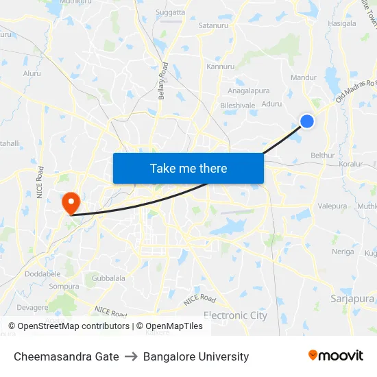 Cheemasandra Gate to Bangalore University map