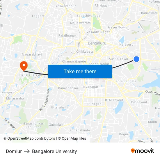 Domlur to Bangalore University map