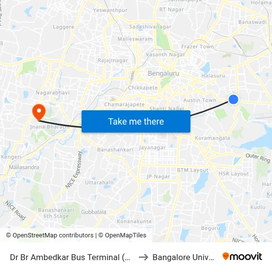 Dr Br Ambedkar Bus Terminal (Domlur) to Bangalore University map