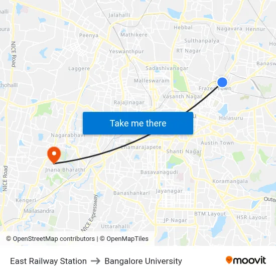 East Railway Station to Bangalore University map