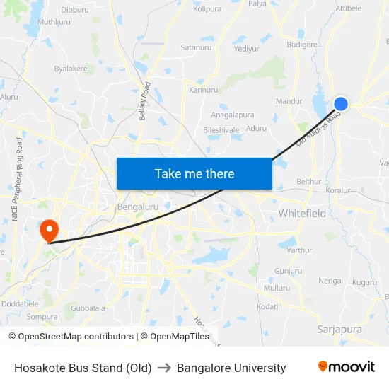 Hosakote Bus Stand (Old) to Bangalore University map