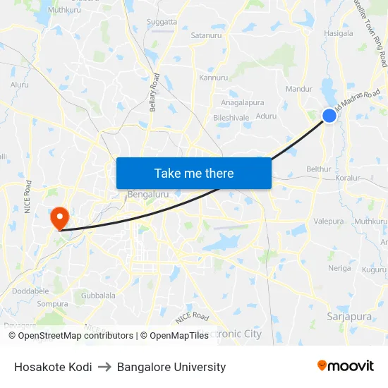 Hosakote Kodi to Bangalore University map