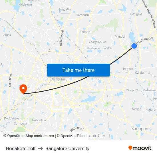 Hosakote Toll to Bangalore University map