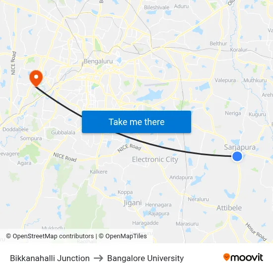 Bikkanahalli Junction to Bangalore University map