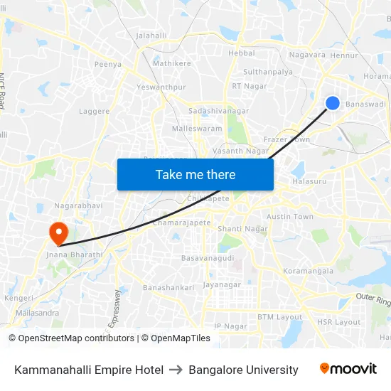 Kammanahalli Empire Hotel to Bangalore University map