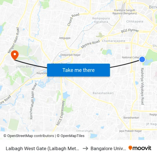 Lalbagh West Gate (Lalbagh Metro Station) to Bangalore University map