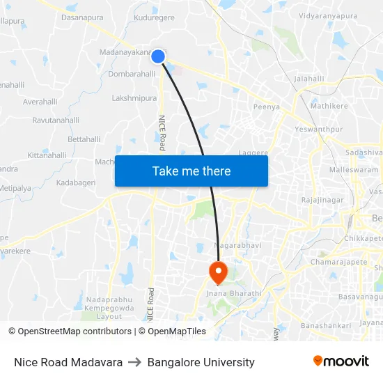 Nice Road Madavara to Bangalore University map