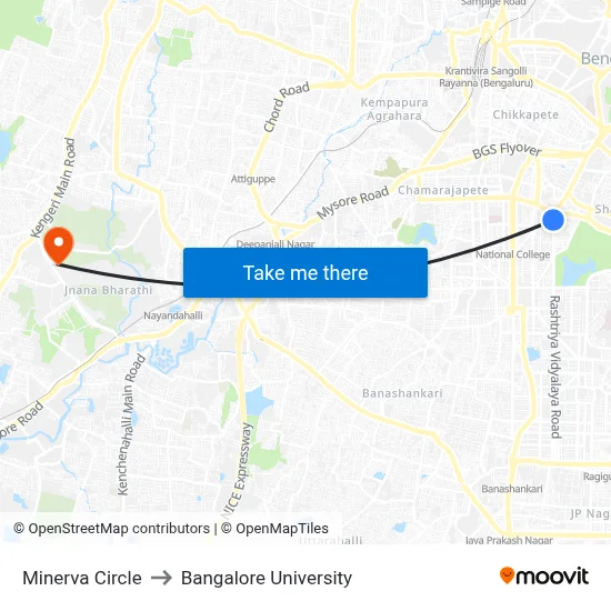 Minerva Circle to Bangalore University map