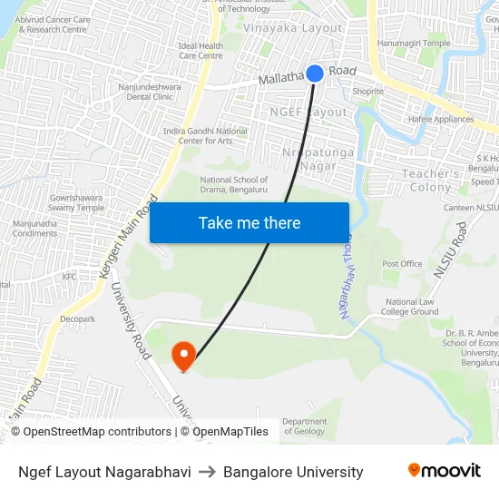 Ngef Layout Nagarabhavi to Bangalore University map