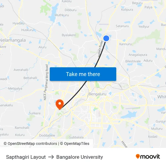 Sapthagiri Layout to Bangalore University map