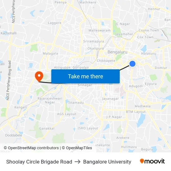 Shoolay Circle Brigade Road to Bangalore University map
