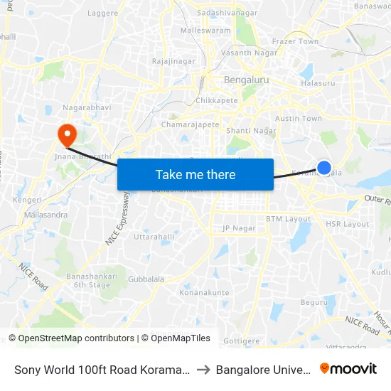 Sony World 100ft Road  Koramangala to Bangalore University map