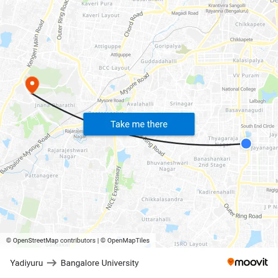 Yadiyuru to Bangalore University map