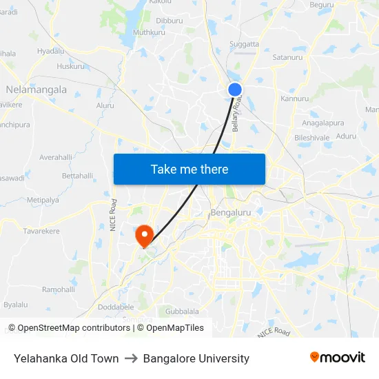 Yelahanka Old Town to Bangalore University map