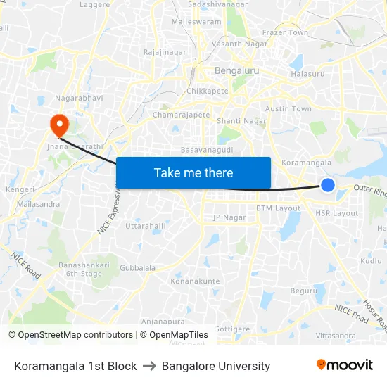 Koramangala 1st Block to Bangalore University map